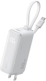 Anker Power Bank (30W, Fusion, Built-In USB-C ケーブル) (5000mAh 22.5W出力モバイルバッテリー 30W出力充電器) / LEDディスプレイ搭載/USB-Cケーブル一体型/コンセント一体型/折りたたみ式プラグ 1台3役 / iPhone 16 / 15 Android iPad その他各種機器対応 (ホワイト)