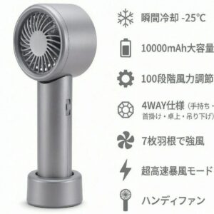携帯扇風機 超高速暴風 【-25℃瞬間冷却・10000mAh大容量】 ハンディファン 冷却プレート付き 100段階風力調節 手持ち/首掛け/卓上/吊り下げ4way 7枚羽根 強力 USB充電式 手持ち扇風機 24時間持続 90°角度調整 ネックストラップ付き LED残量表示 軽量 小型 ミニファン 熱中症対策 暑さ対策 コンパクト 静音 アウトドア オフィス 父の日 ギフト (ダークグレー) - detail 1