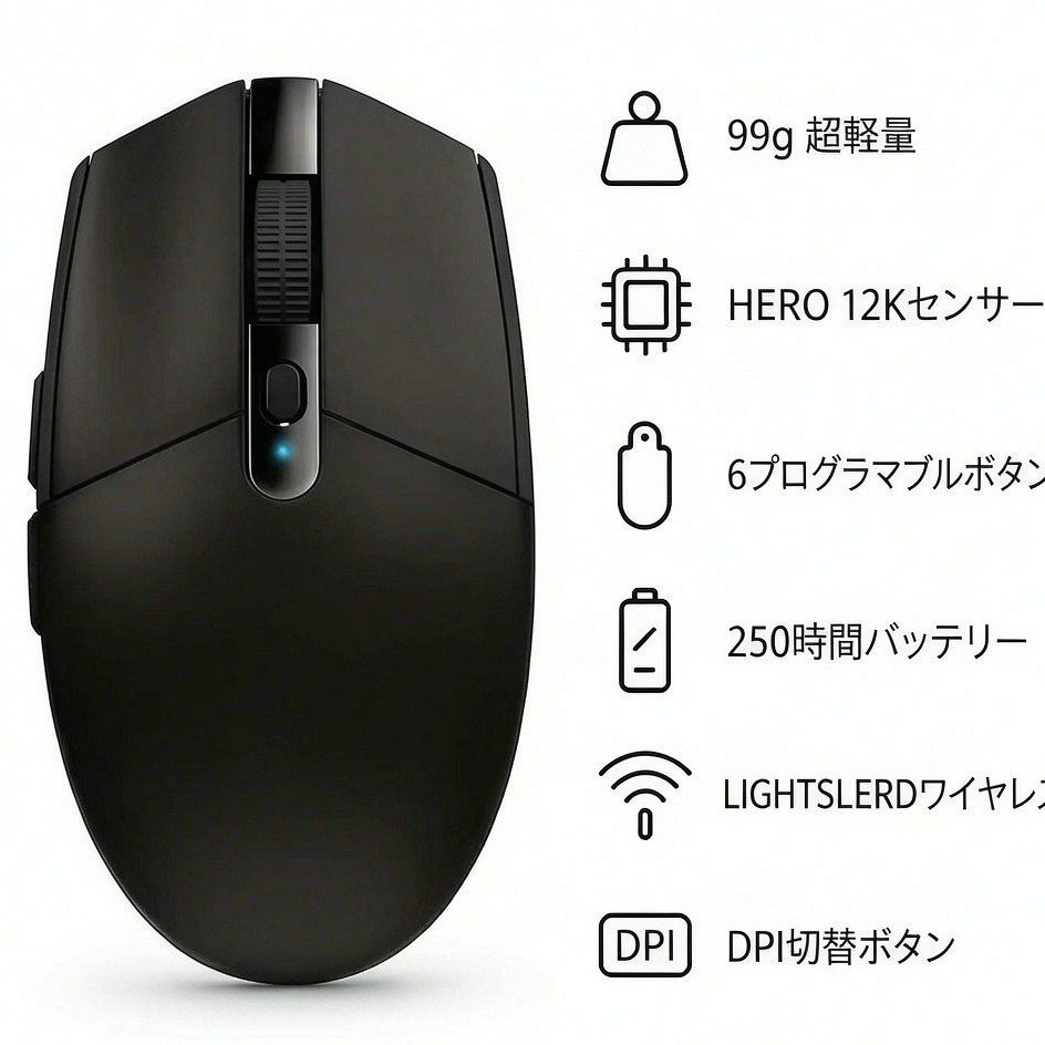 ゲーミングマウス G304 LIGHTSPEED ワイヤレス ゲーミング マウス 軽量 99g HERO 12Kセンサー 6個プログラムボタン 250時間連続使用可能 ブラック PC windows mac - detail 1