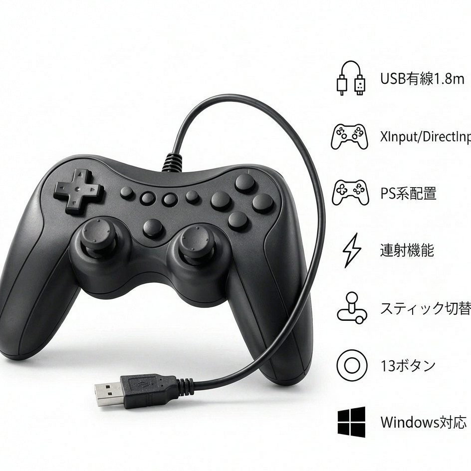 ゲームパッド 有線 Xinput PS系配置 連射 スティックモード切替 軽量 ブラック JC-GP20SBK - detail 1