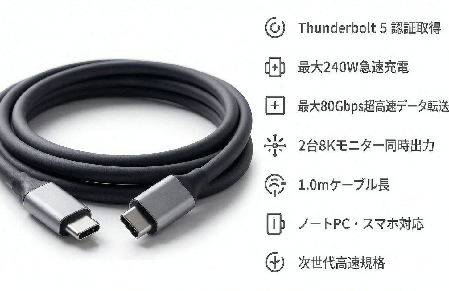 Prime USB-C & USB-C ケーブル Thunderbolt 5 (240W, 80Gbps) 1.0m | 240W出力 8K対応 最大80Gbps 高速データ転送 iPhone 16 / 15 MacBook Air Pro iPad Pro/Air 他対応 - 画像 (2)