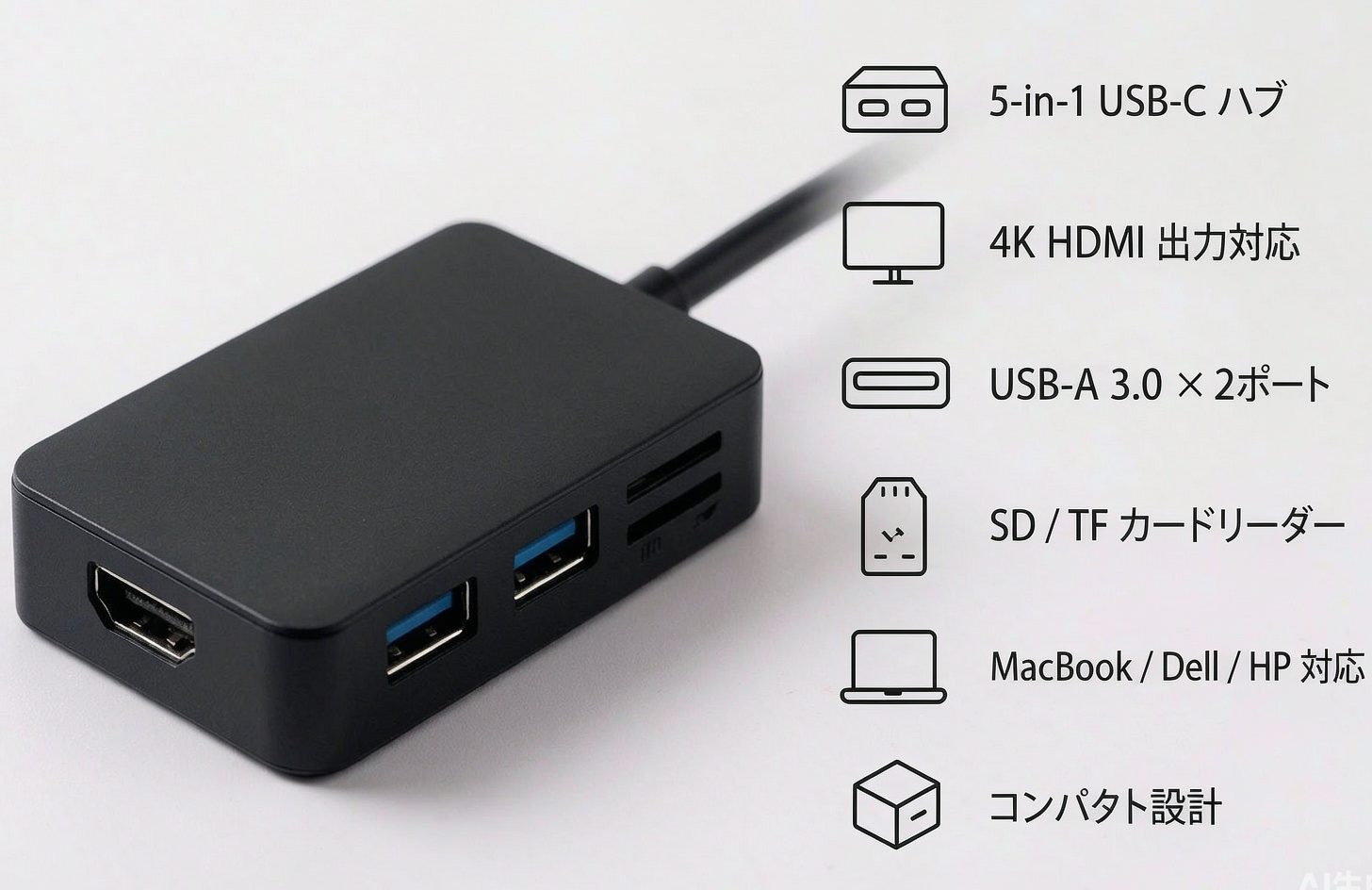 USB C Hub 332 (5-in-1、4K HDMI) アダプター – 拡張USB-Cノートパソコン 4K HDMI、2つのUSB-A 3.0ポート、SD/TFカードリーダー、コンパクトドック MacBook、Dell、HP、Lenovoなどに対応 – ブラック - 画像 (2)