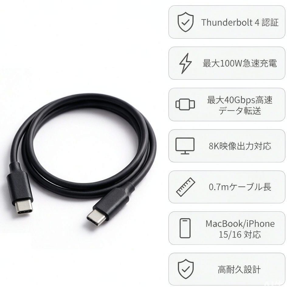 USB-C & USB-C Thunderbolt 4 100W ケーブル 0.7m ブラック 100W出力 8K対応 40 Gbps 高速データ転送 iPhone 16 / 15 MacBook Air Pro iPad Pro/Air 他対応 - 画像 (2)
